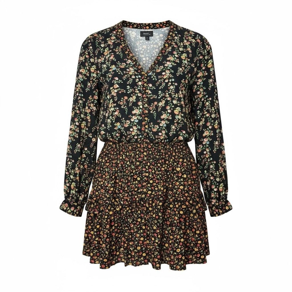 Anthropologie Maeve Marlie Floral Mini‎ Dress Black Size 4 Long Sleeve